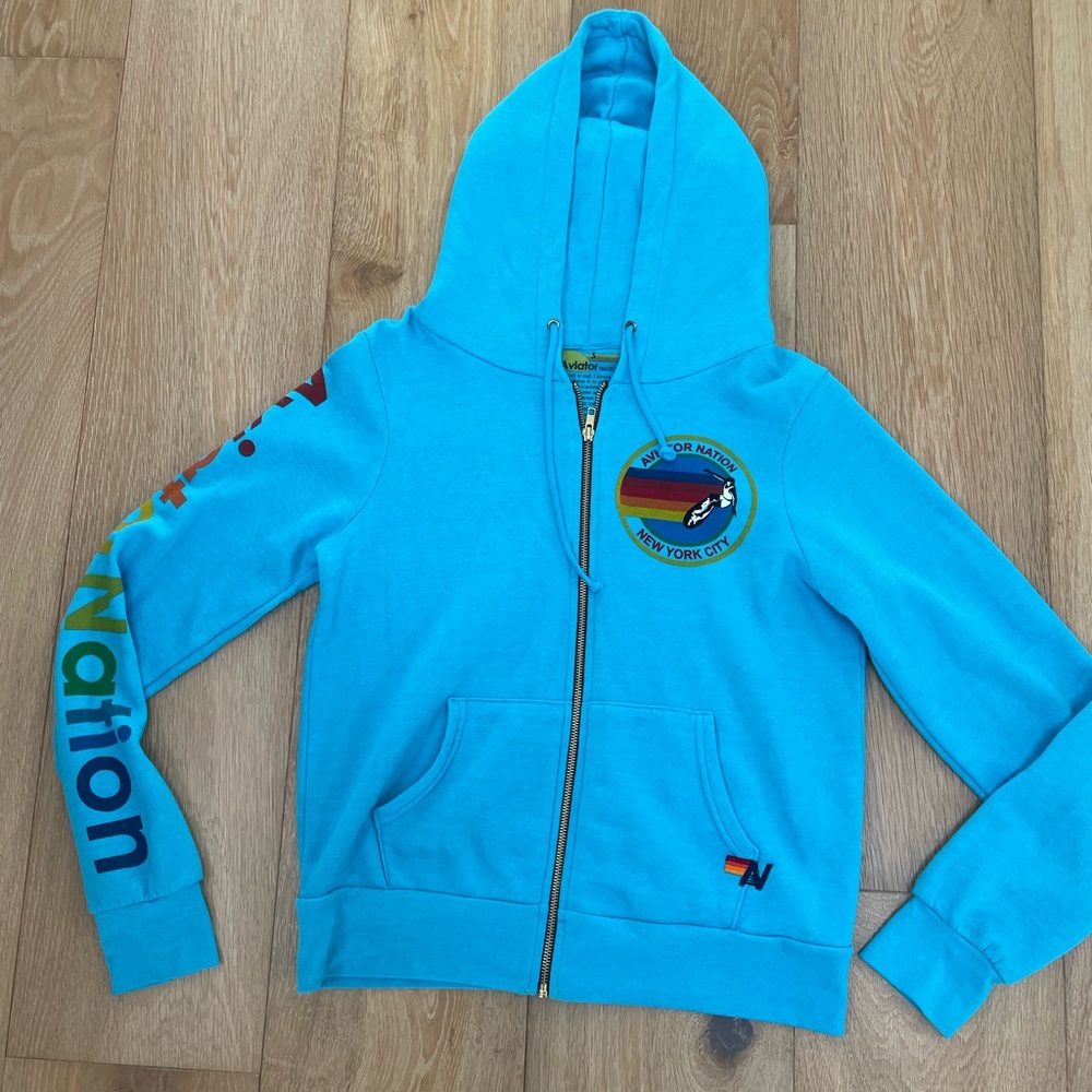 Aviator Nation Turquoise Zip Hoodie with Rainbow Patch